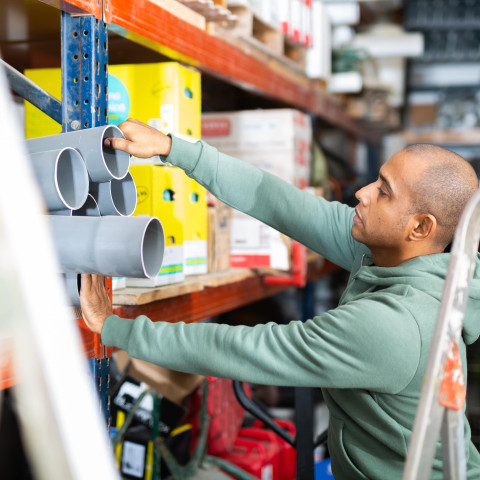 Side view of man standing and selecting a building material from a shelf