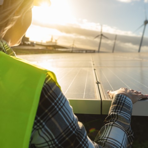Over the shoulder view of solar panels and wind turbines