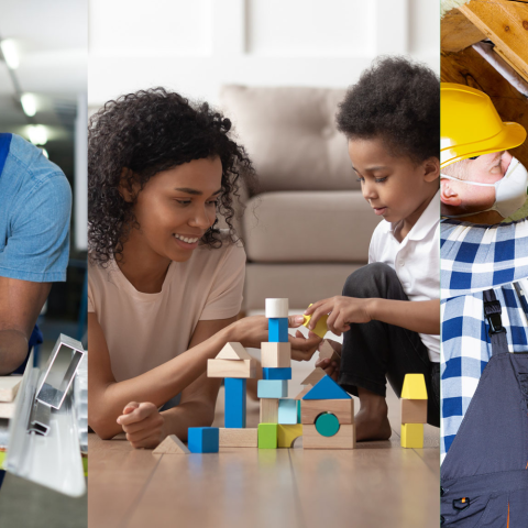 collage of workers and families