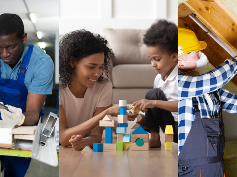 collage of workers and families